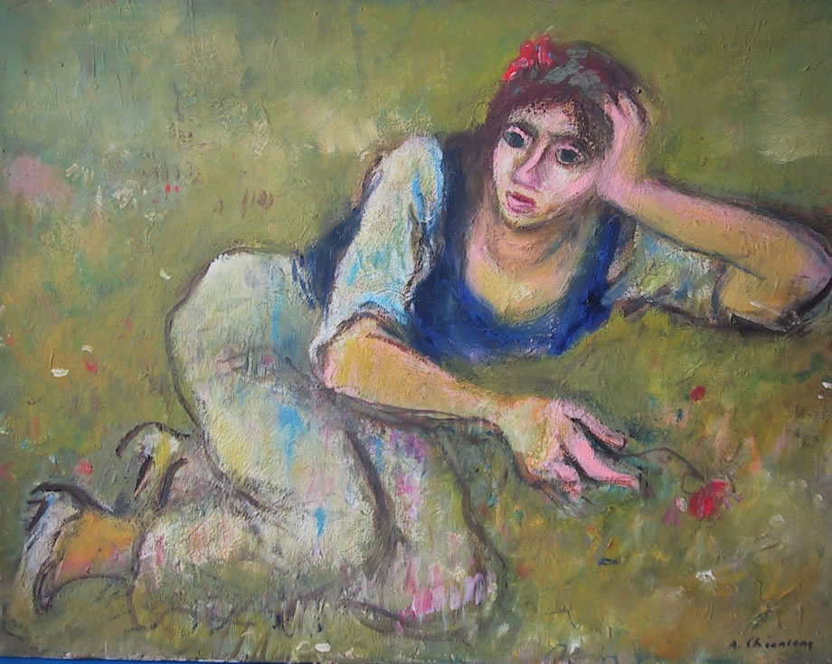 Figura sul prato, anni ’80, olio su tela, cm 70x90, Aversa, collezione privata